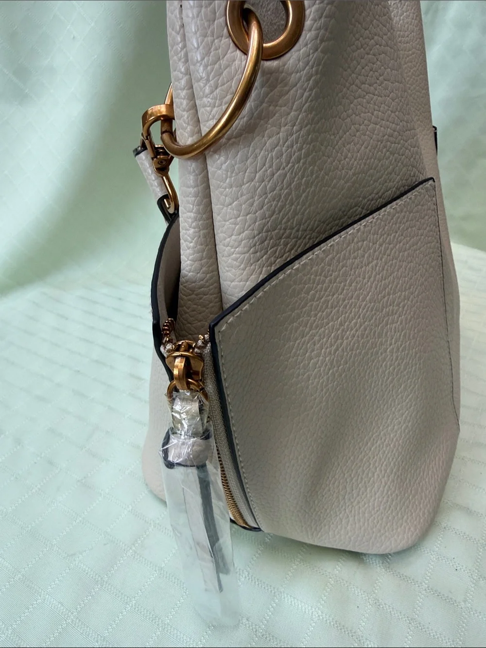New Steve Madden Large Cream Faux Pebbled Shoulder Tote with Studded Strap